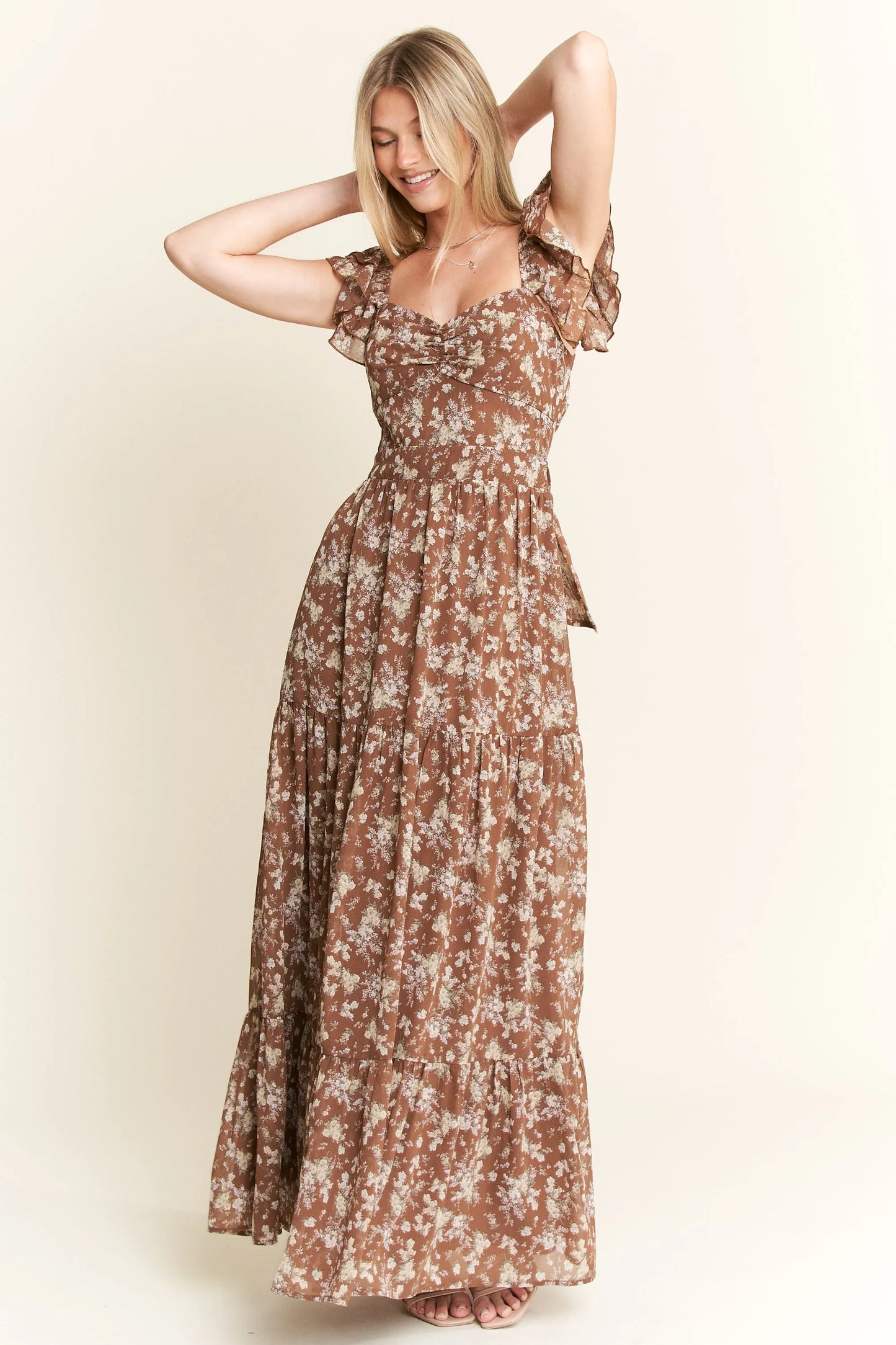 Ruffle Sleeve Tiered Maxi Dress - Mocha - product view 2