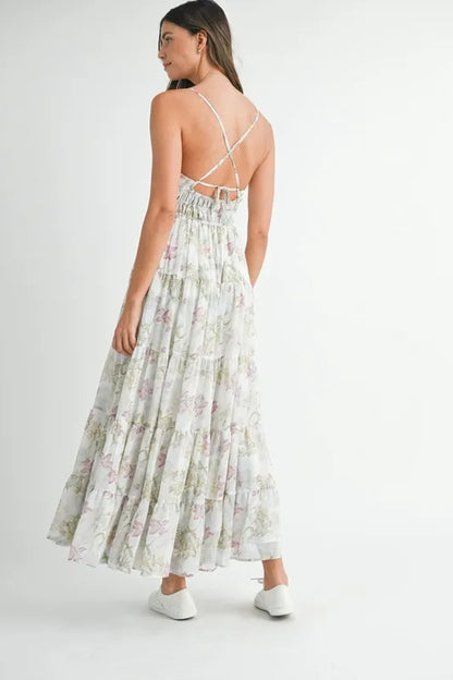 Floral Print Tiered Cami Maxi Dress - Green - product view 5