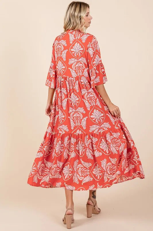 Abstract Leaf Print Tiered Ruffle Dress in Orange-Red - product view 5