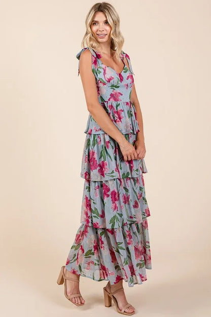 Layered Floral Sweetheart Neck Maxi Dress in Dusty Blue - product view 4