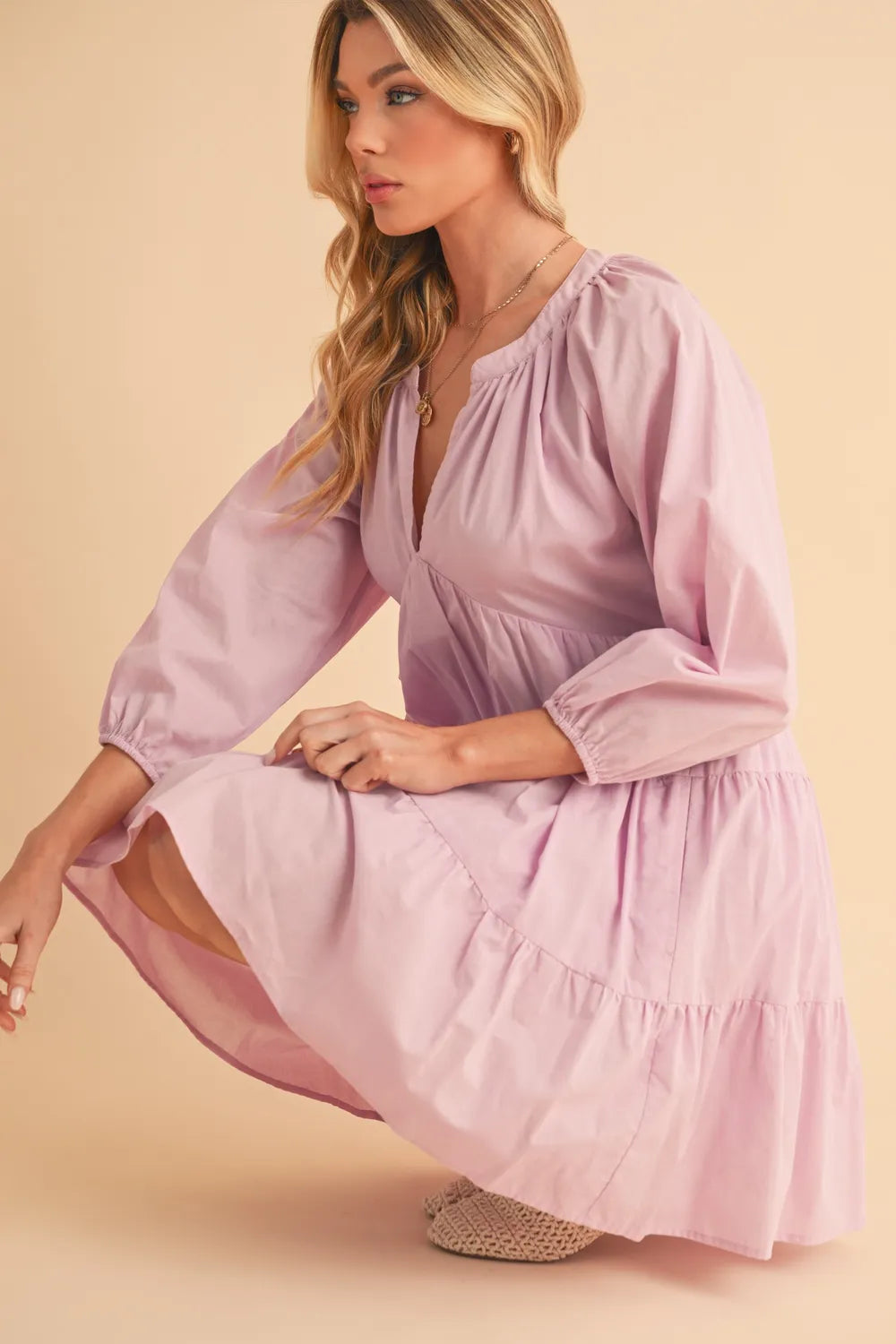 Notched Balloon Sleeve Tiered Mini Dress - Lilac - product view 8