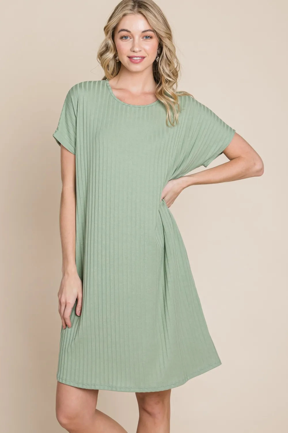 Ribbed Round Neck Short Sleeve Dress in Sage - product view 3
