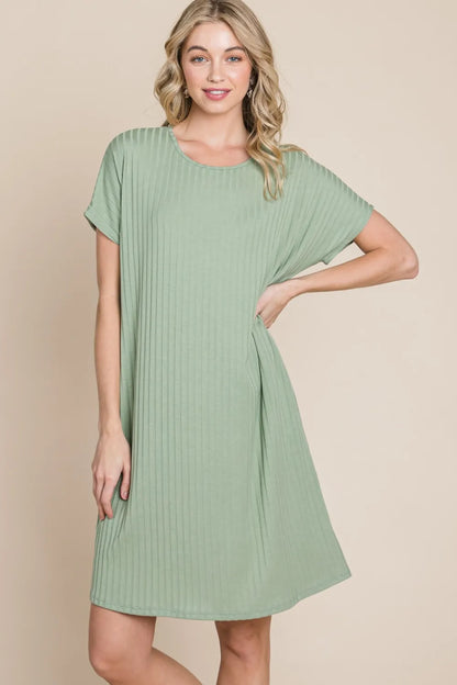 Ribbed Round Neck Short Sleeve Dress in Sage - product view 3