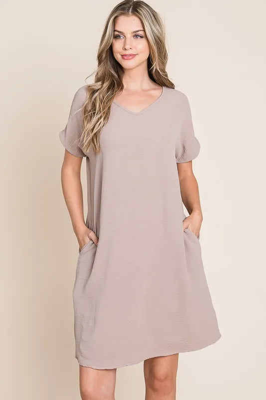 V-Neck Short Sleeve Dress with Pockets - Dust Storm - product view 1