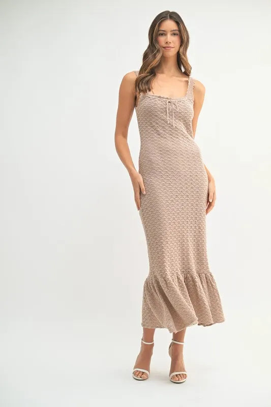 Ruffled Hem Sleeveless Crochet Knit Midi Dress in Mocha - product view 1