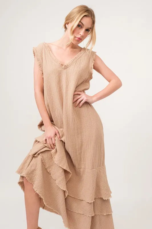 Washed Cotton Gauze Fringe Detail Tiered Dress - Sand - product view 3