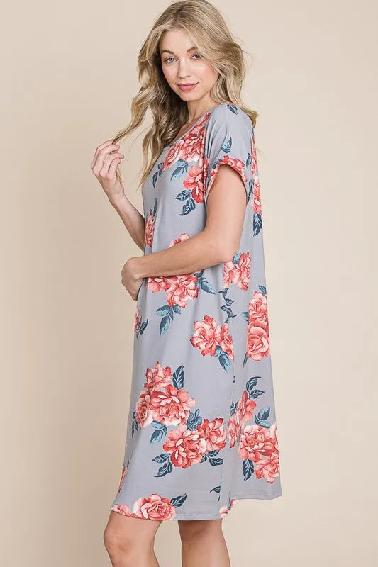 Floral Round Neck Short Tee Dress with Pockets - Grey - product view 3