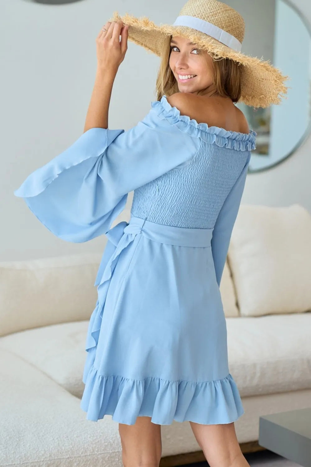 Smocked Ruffled Front Tie Mini Dress in Ice Blue - product view 2