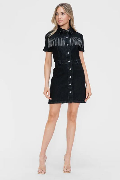 Full Size Embellished Button Down Short Sleeve Denim Dress in Black - product view 3