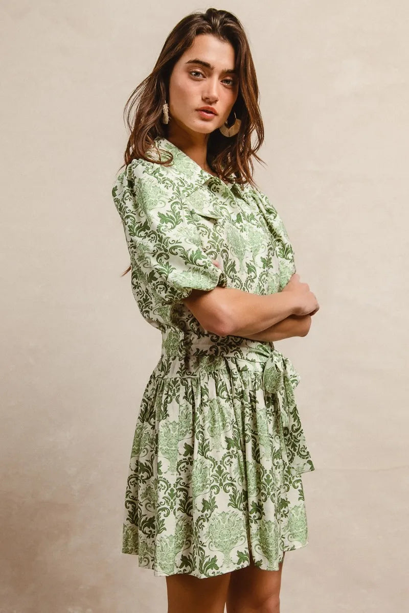 Tied Floral Short Sleeve Mini Shirt Dress in Green/Cream - product view 4
