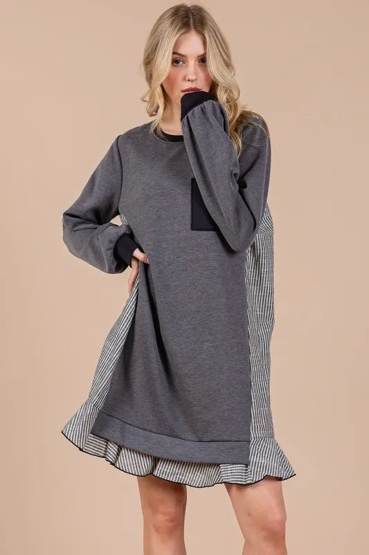 Ces Femme Striped Patchwork Round Neck Terry Sweatshirt Dress in Charcoal - product view 3