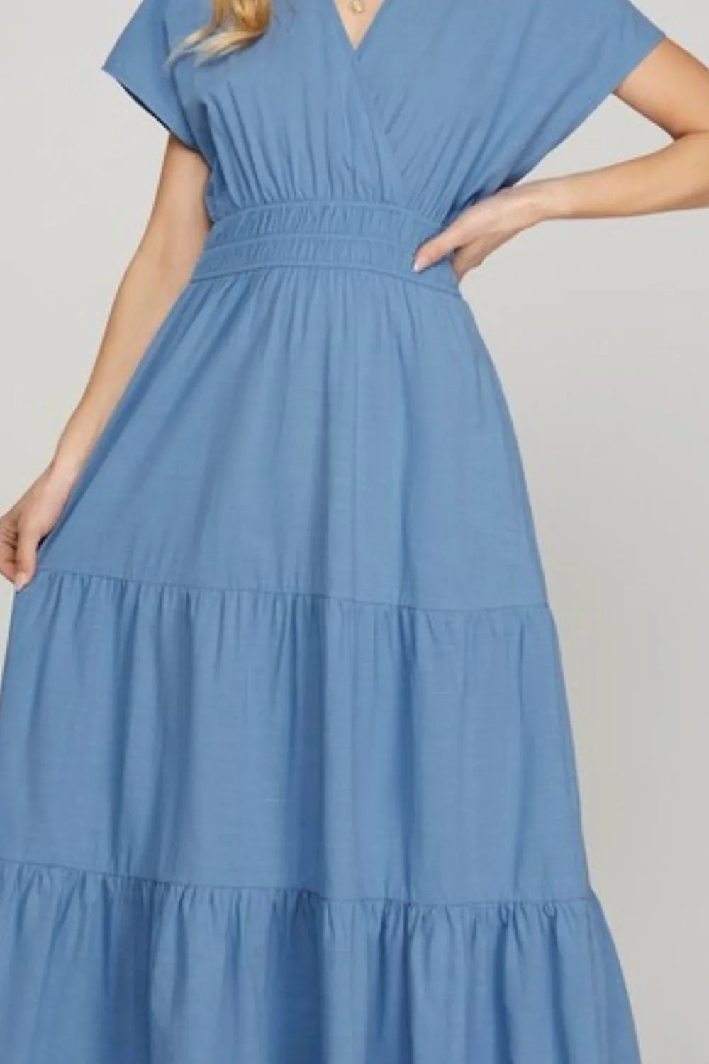 Surplice Short Sleeve Tiered Maxi Dress With Pockets in Cerulean - product view 3