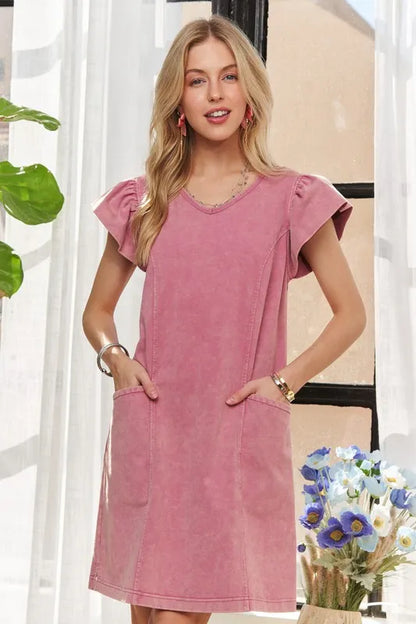 Mineral Washed V-Neck Ruffled Cap Sleeve Dress in Mauve - product view 4