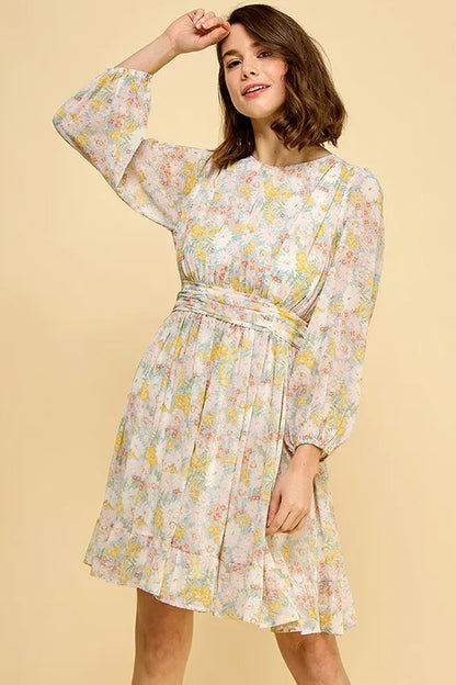 Chiffon Floral Print Belted Dress with Back Zipper - Blue Floral - product view 1