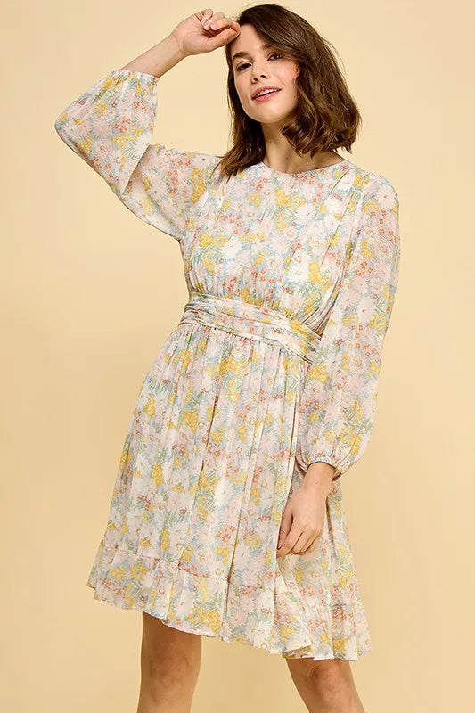 Chiffon Floral Print Belted Dress with Back Zipper - Blue Floral - product view 1