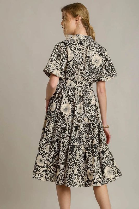 Full Size Mixed Print A-Line Tiered Midi Dress Plus Size in Black - product view 2