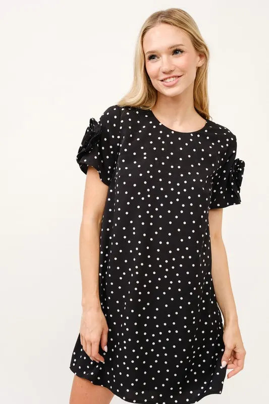 Embellished Sleeve Polka Dots Shift Dress in Black - product view 3