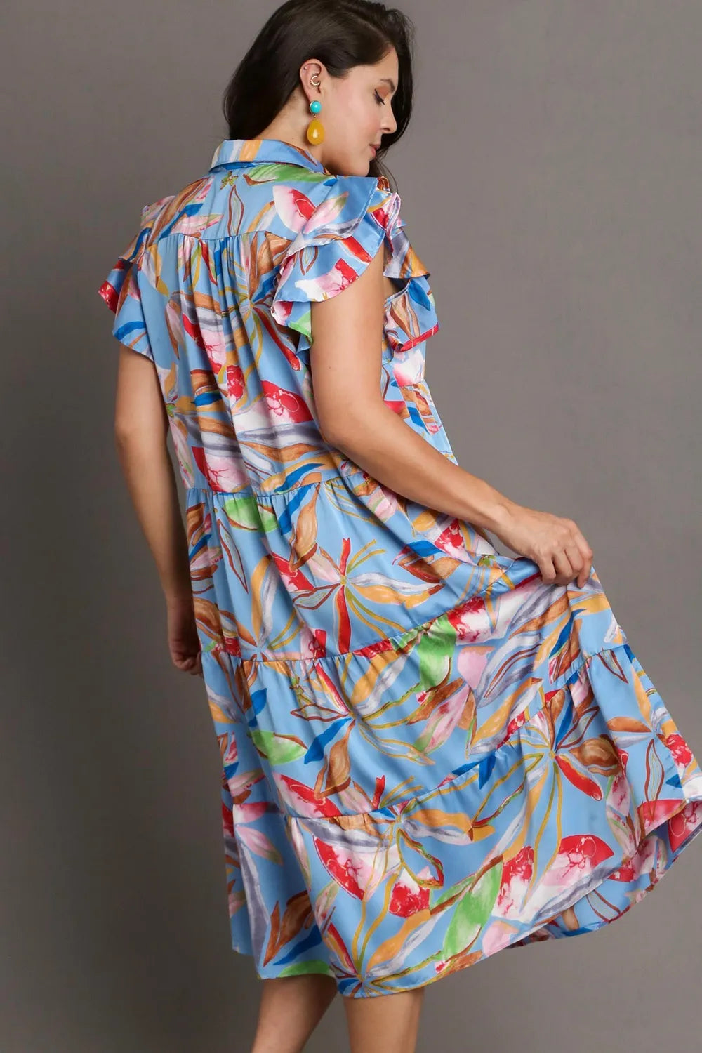 Full Size Leaf Print Double Layered Ruffle Sleeve Tiered Midi Dress Plus Size - Periwinklemix - product view 6