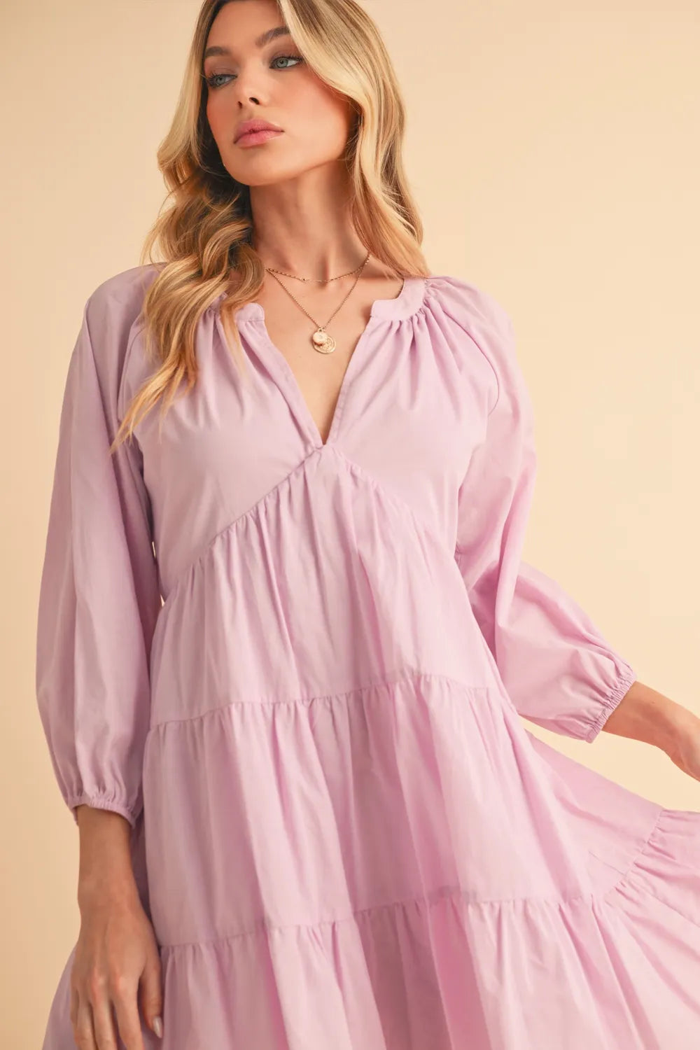 Notched Balloon Sleeve Tiered Mini Dress - Lilac - product view 4