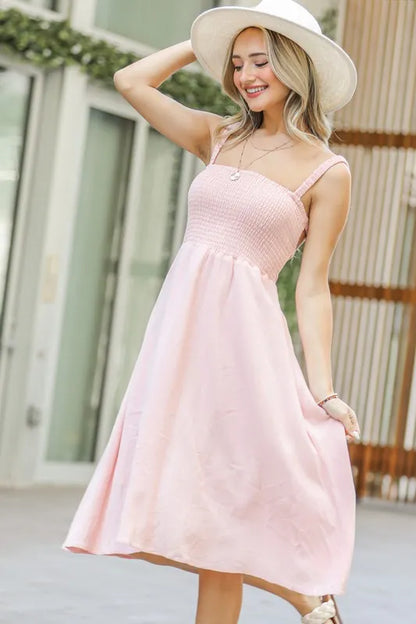 Smocking Open-Back Sleeveless Midi Dress in Pale Pink - product view 7