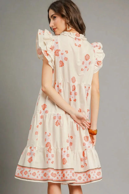Printed Tie Neck Ruffle Cap Sleeve Dress in Burnt Coral - product view 4