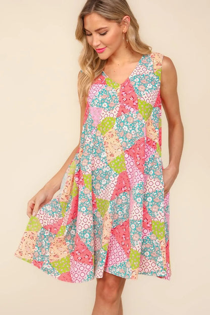 Full Size Babydoll Floral Patchwork Dress with Side Pockets in Peach/Sage - product view 4