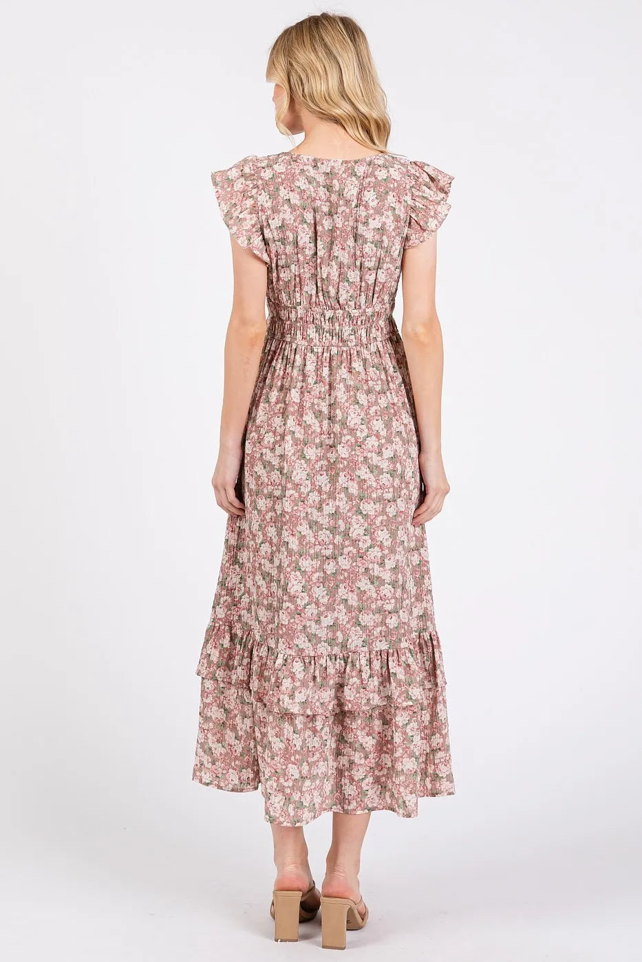 Flower Print Ruffle Cap Sleeve V-neck Midi Dress - Mauve - product view 5