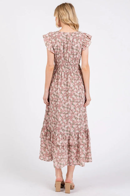 Flower Print Ruffle Cap Sleeve V-neck Midi Dress - Mauve - product view 5