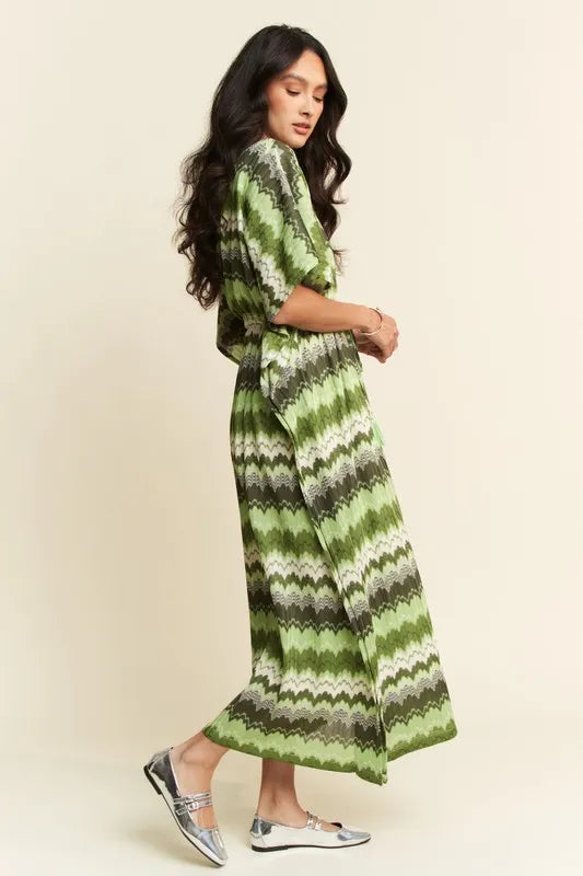 Multi Color Wavy Tie Waist Flowy Sleeve Dress - Sage Multi - product view 7