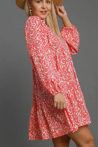 Full Size Two Tone Print Balloon Sleeve Tiered Dress Plus Size in Coral Mix - product view 5