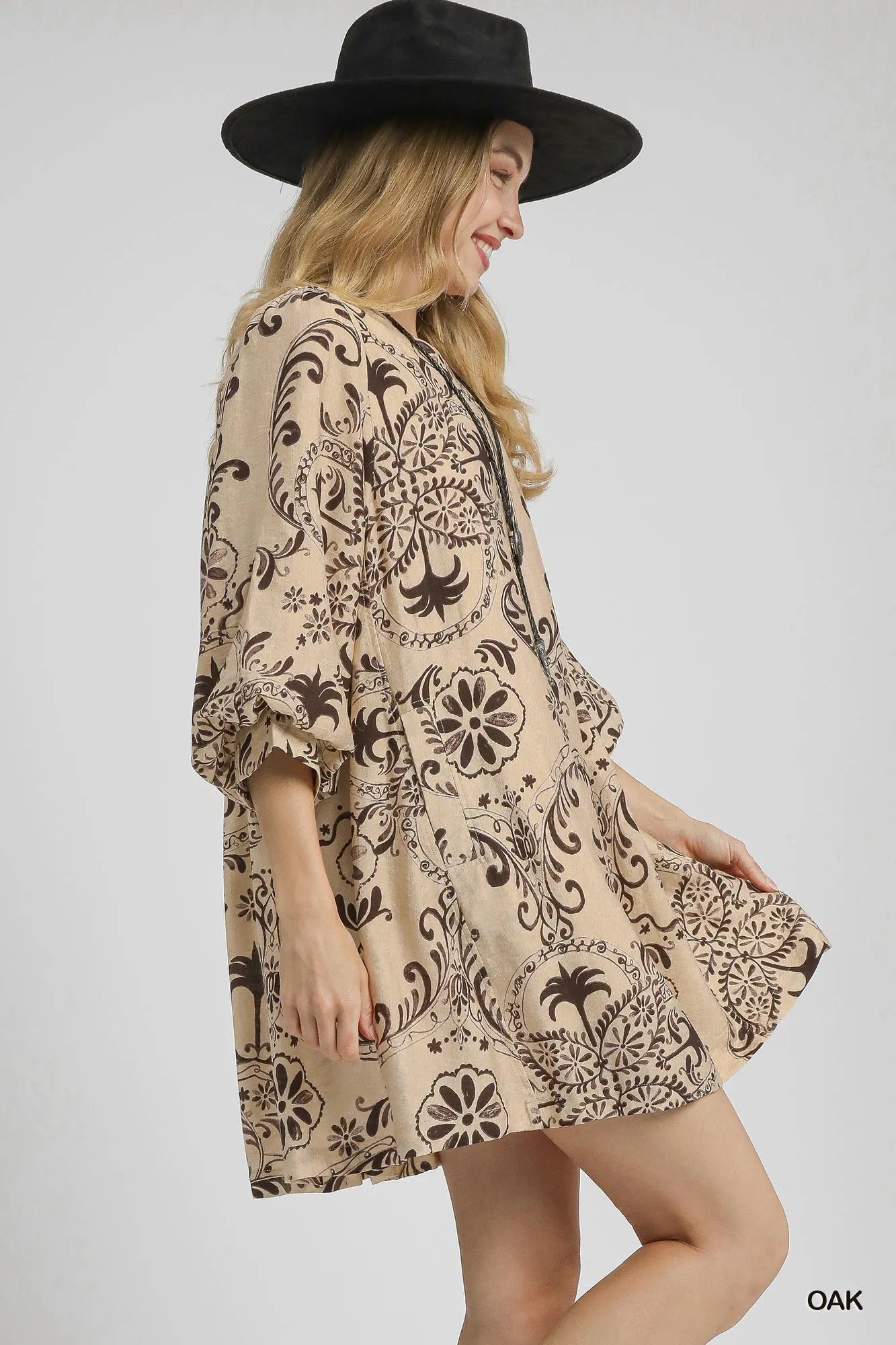 Boho Printed Balloon Sleeve Mini Dress - Oak - product view 2