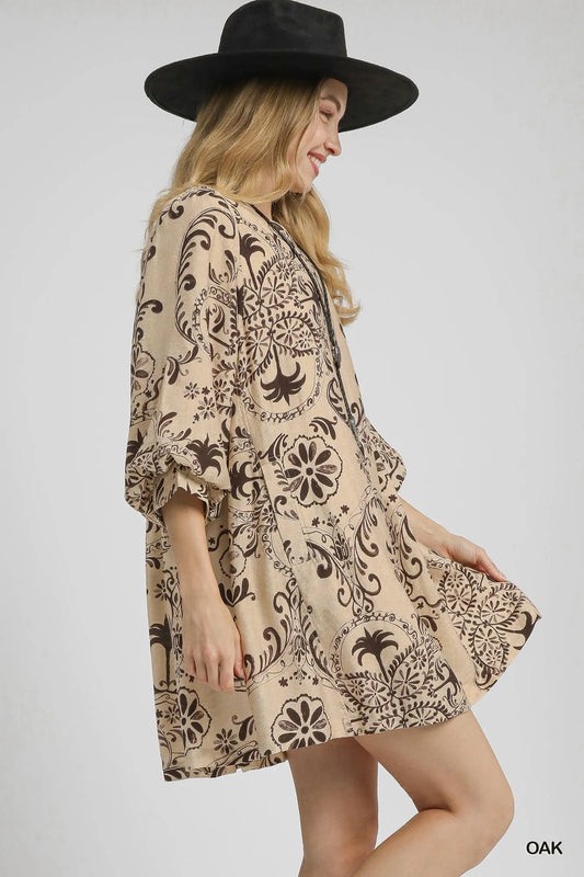 Boho Printed Balloon Sleeve Mini Dress - Oak - product view 2