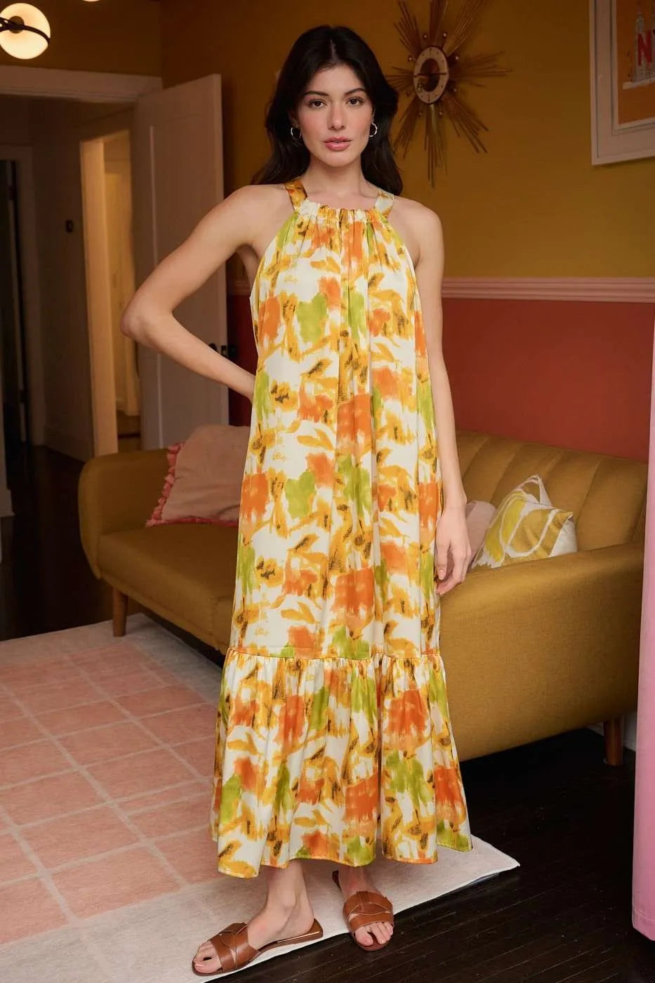 Watercolor Print Halter Neck Satin Maxi Dress in Orange - product view 1