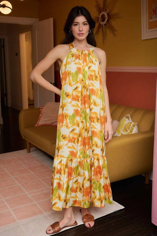 Watercolor Print Halter Neck Satin Maxi Dress in Orange - product view 1