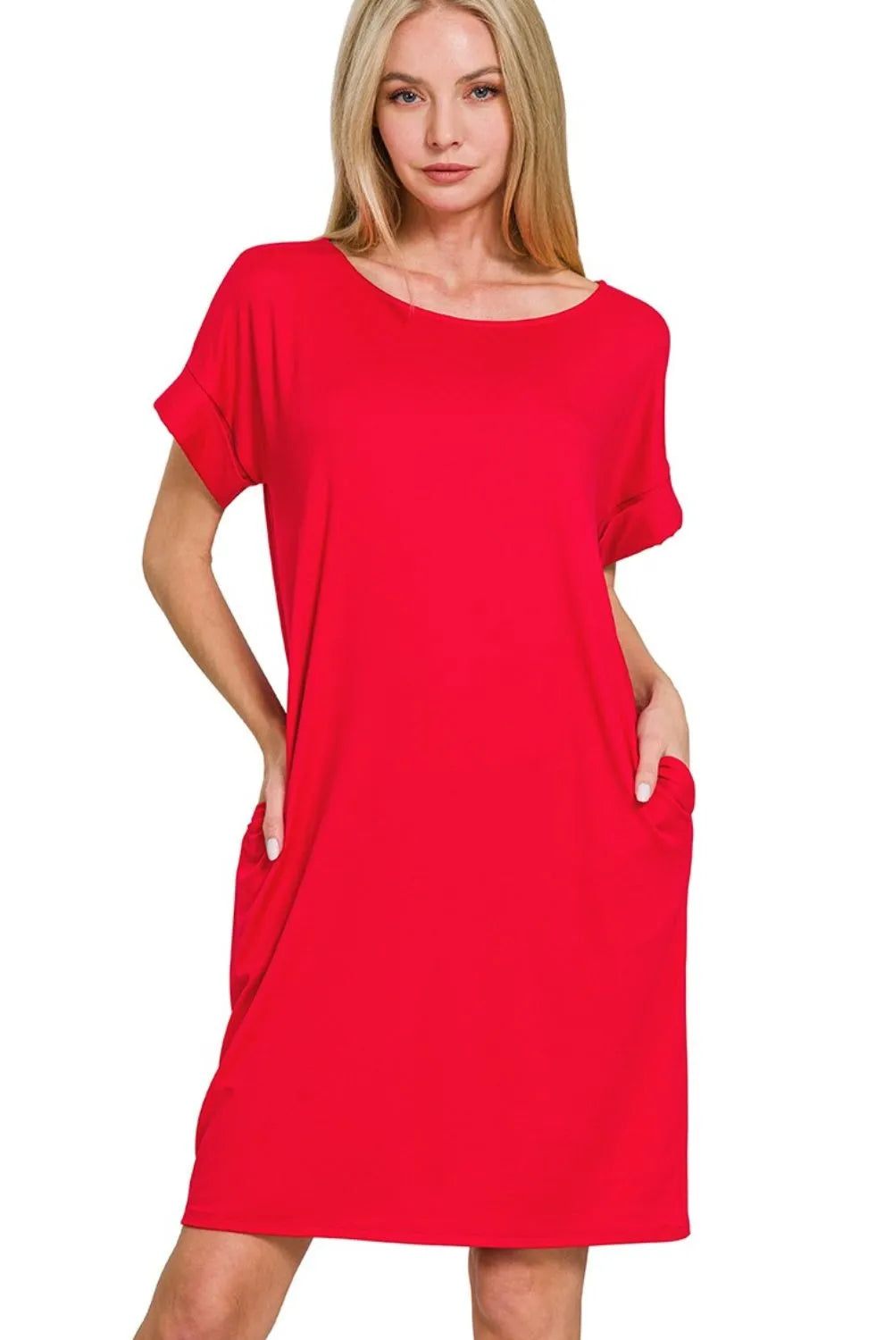 Rolled Short Sleeve Round Neck Dress - Ruby - product view 1