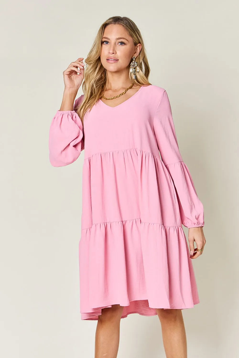 Full Size V-Neck Balloon Sleeve Tiered Dress with Pockets in Light Green, Pink and more - product view 7