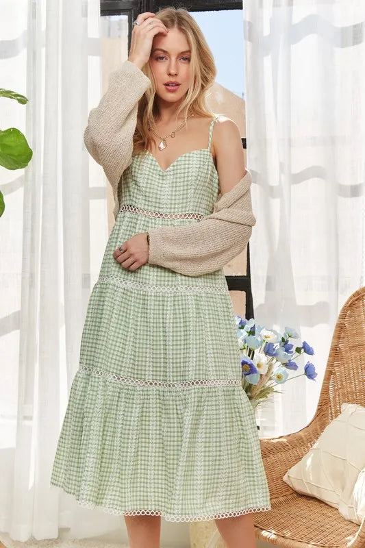 Gingham Detail Washed Dress in Light Green - product view 4