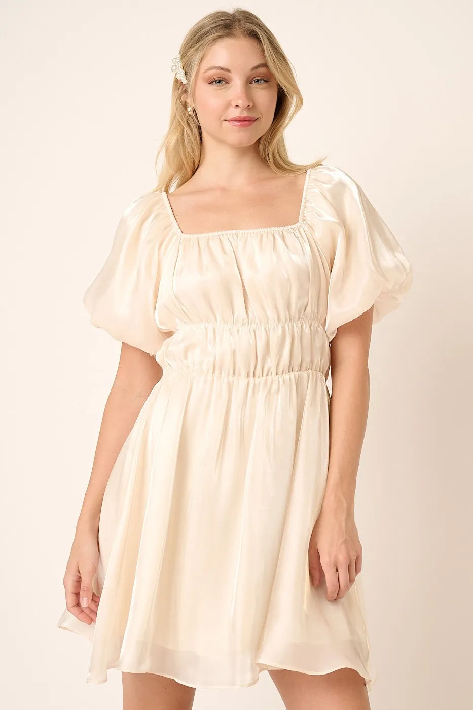 Metallic Organza Fabric Balloon Sleeve Mini Dress in Cream - product view 7