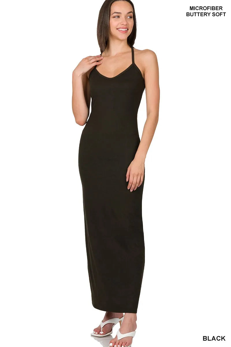 Brushed Dty Thin Strap Racerback V-Neck Maxi Dress in Black - product view 1