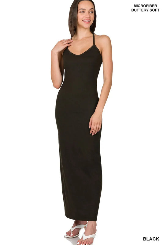 Brushed Dty Thin Strap Racerback V-Neck Maxi Dress in Black - product view 1