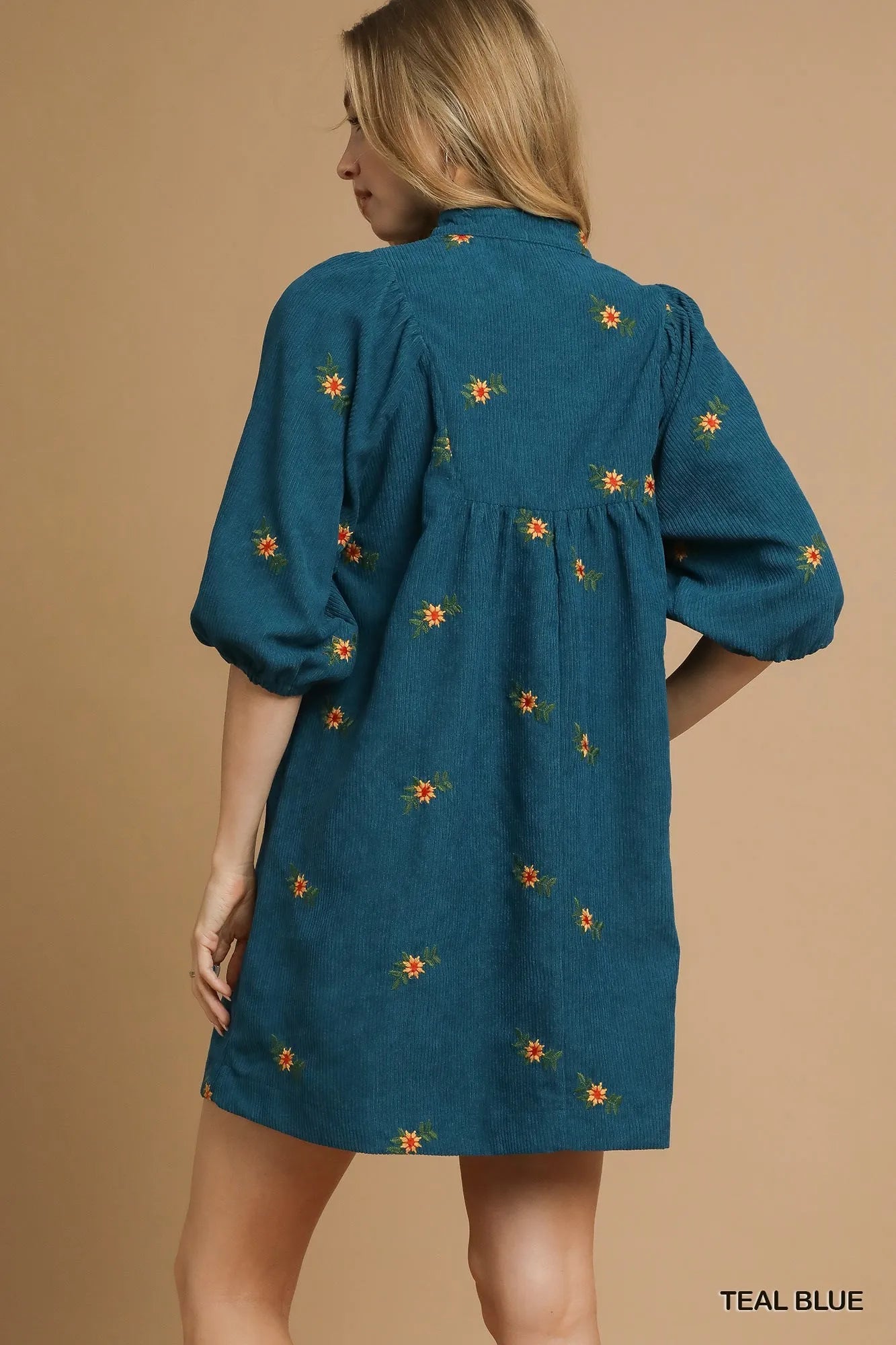 Corduroy Babydoll Dress with Floral Embroidery - Teal Blue - product view 5