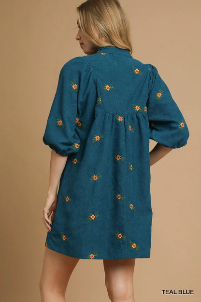 Corduroy Babydoll Dress with Floral Embroidery - Teal Blue - product view 5