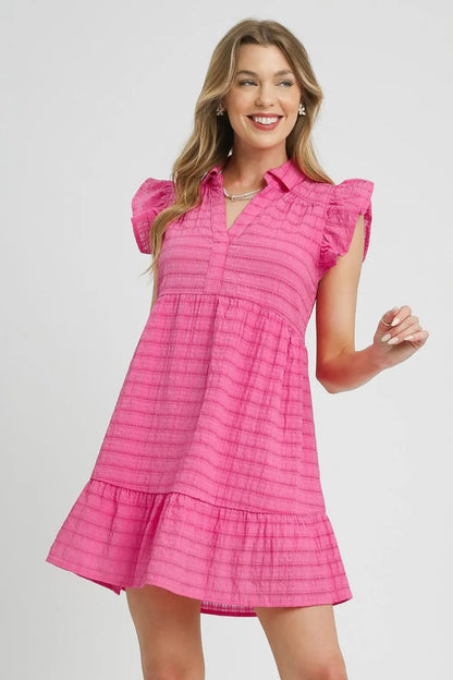 Ruffle Cap Sleeve Textured Mini Dress - Hot Pink - product view 1