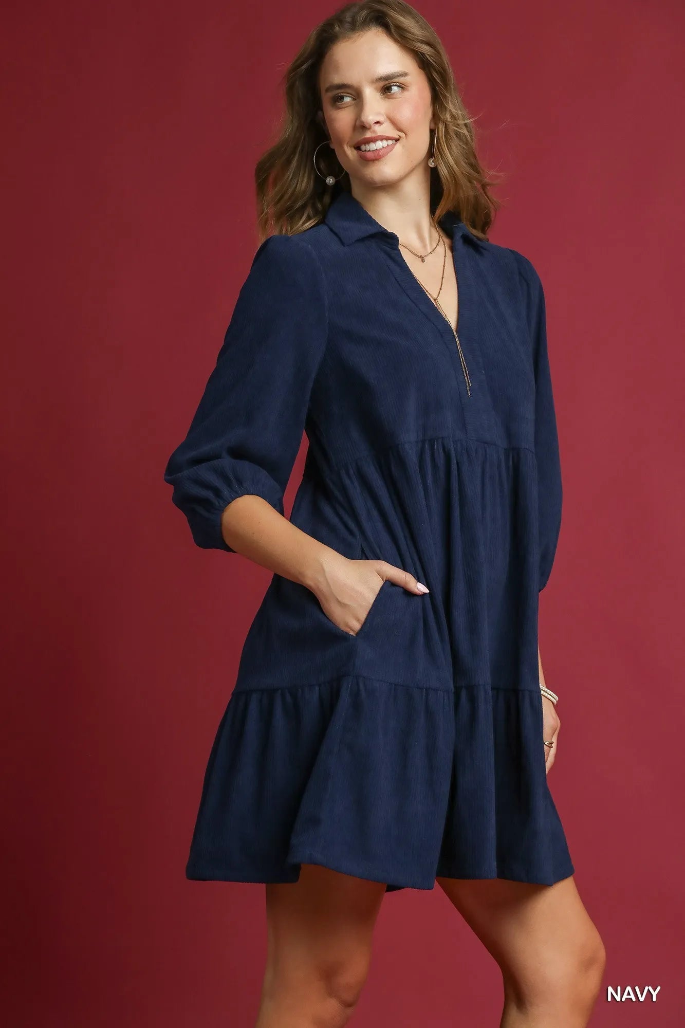 Tiered Corduroy Mini Dress with Balloon Sleeves - Navy - product view 3