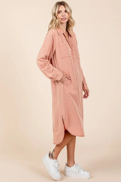 Button Down Long Sleeve Shirt Dress in Burnt Coral - product view 3