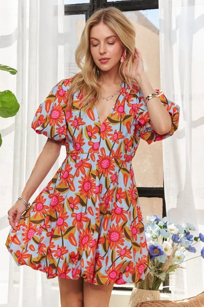 Puff Sleeve Floral Dress - Blue - product view 9