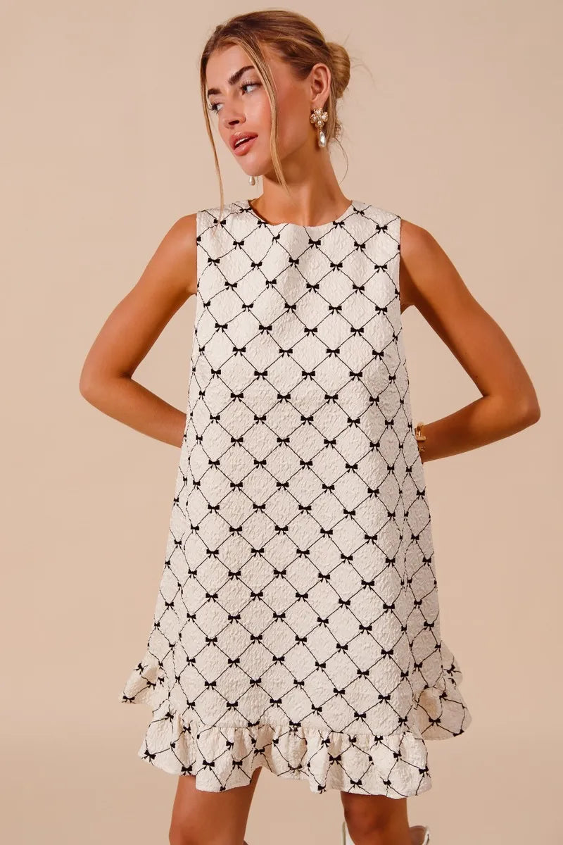 Texture Bow Printed Mini Ruffle Dress in Ivory - product view 3