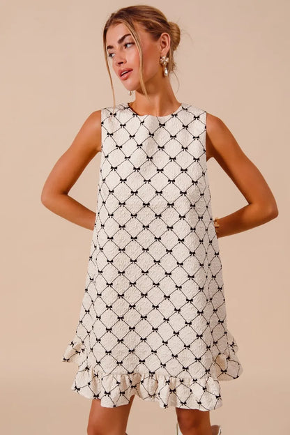 Texture Bow Printed Mini Ruffle Dress in Ivory - product view 3