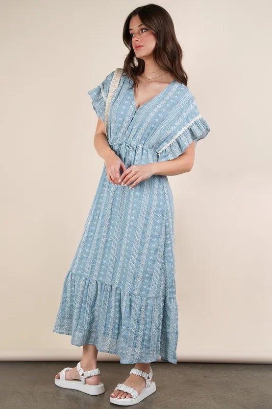 Embroidered Boho Ruffled Midi Dress - Blue - product view 5