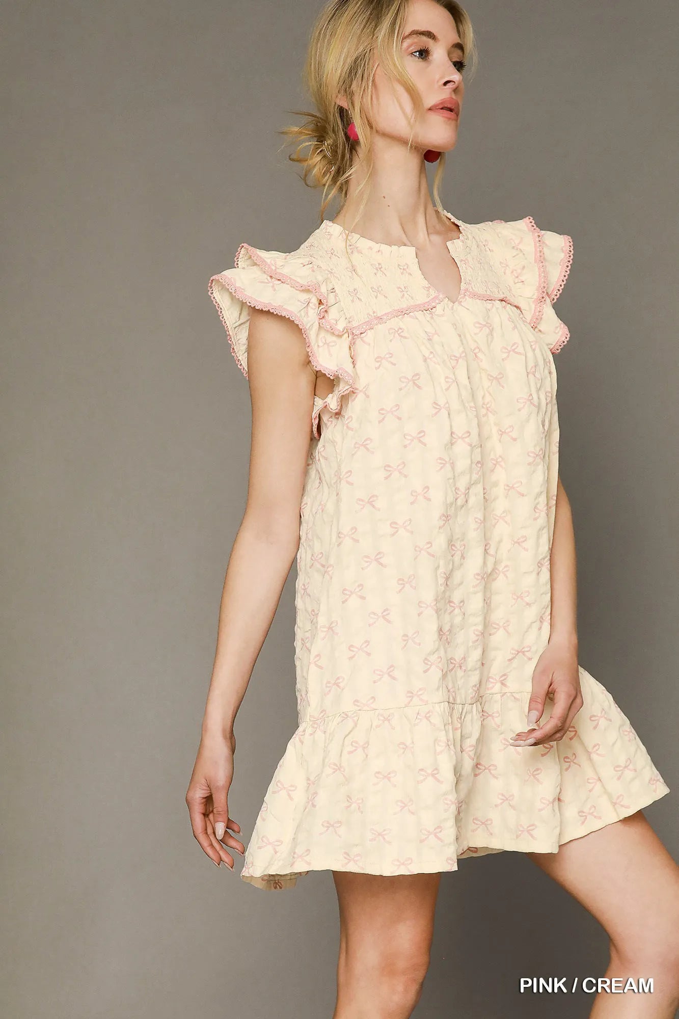 Bow Print Ruffled Cap Sleeve Mini Dress - Pink / Cream - product view 2